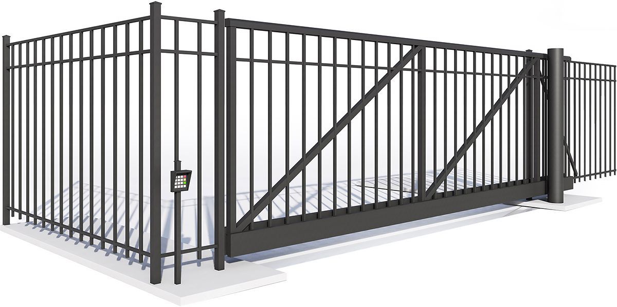 Black metal fence with sliding gate.