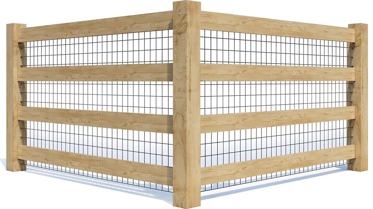 Wooden fence with wire mesh, corner view.