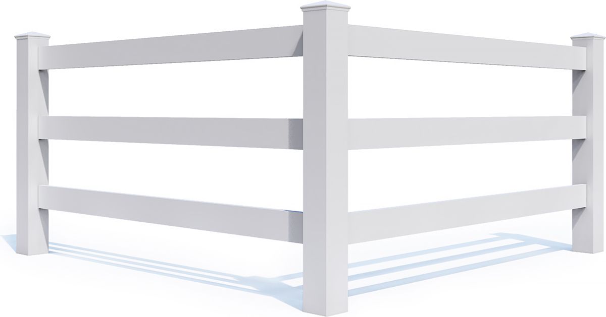White three-rail fence forming a corner, casting a shadow on a white background.