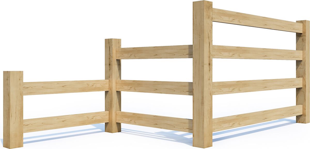 Wooden fence with horizontal rails and vertical posts, rendered in natural light.