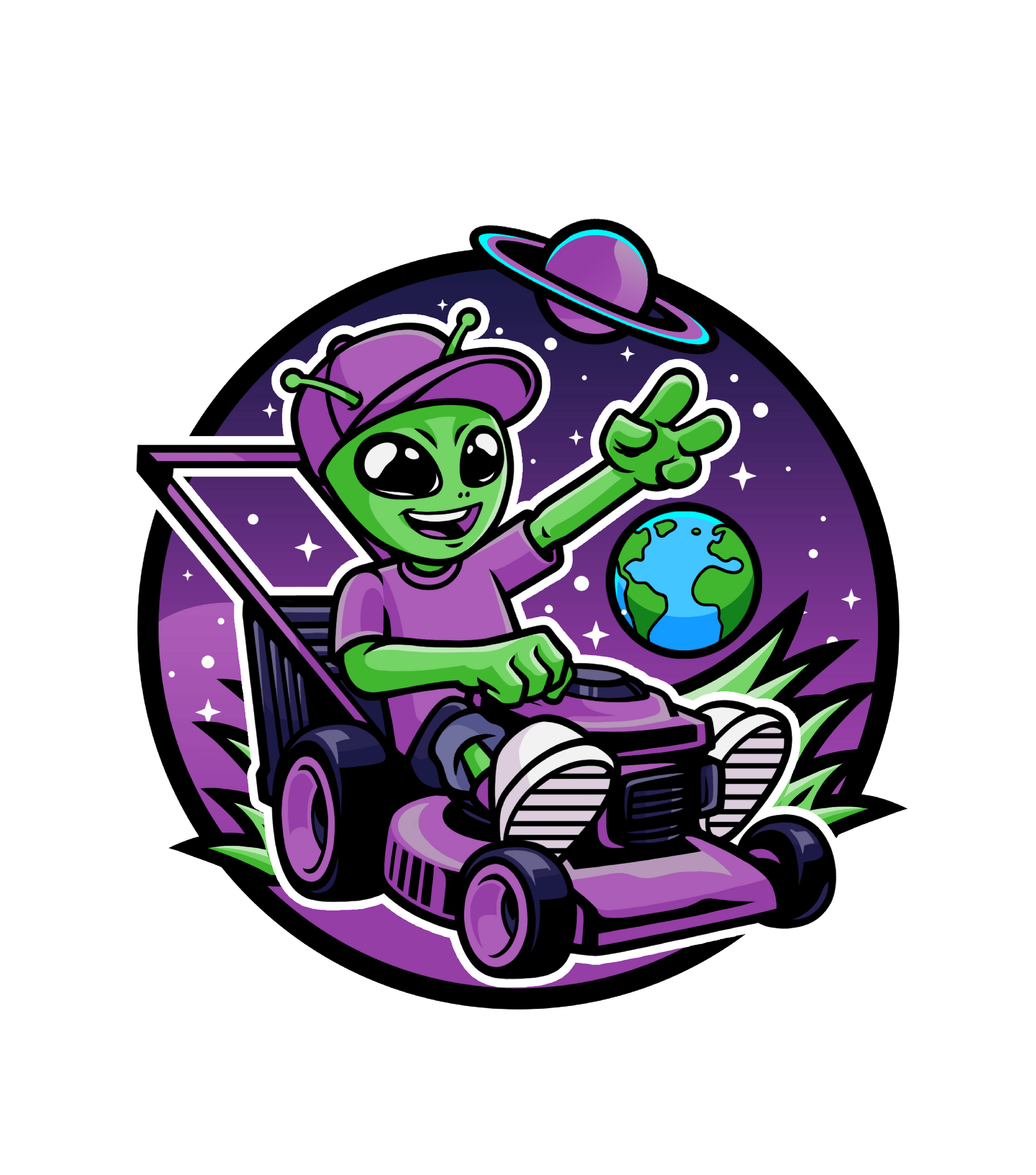 Green alien in a purple cap mowing a lawn, with Earth and a planet in the background.