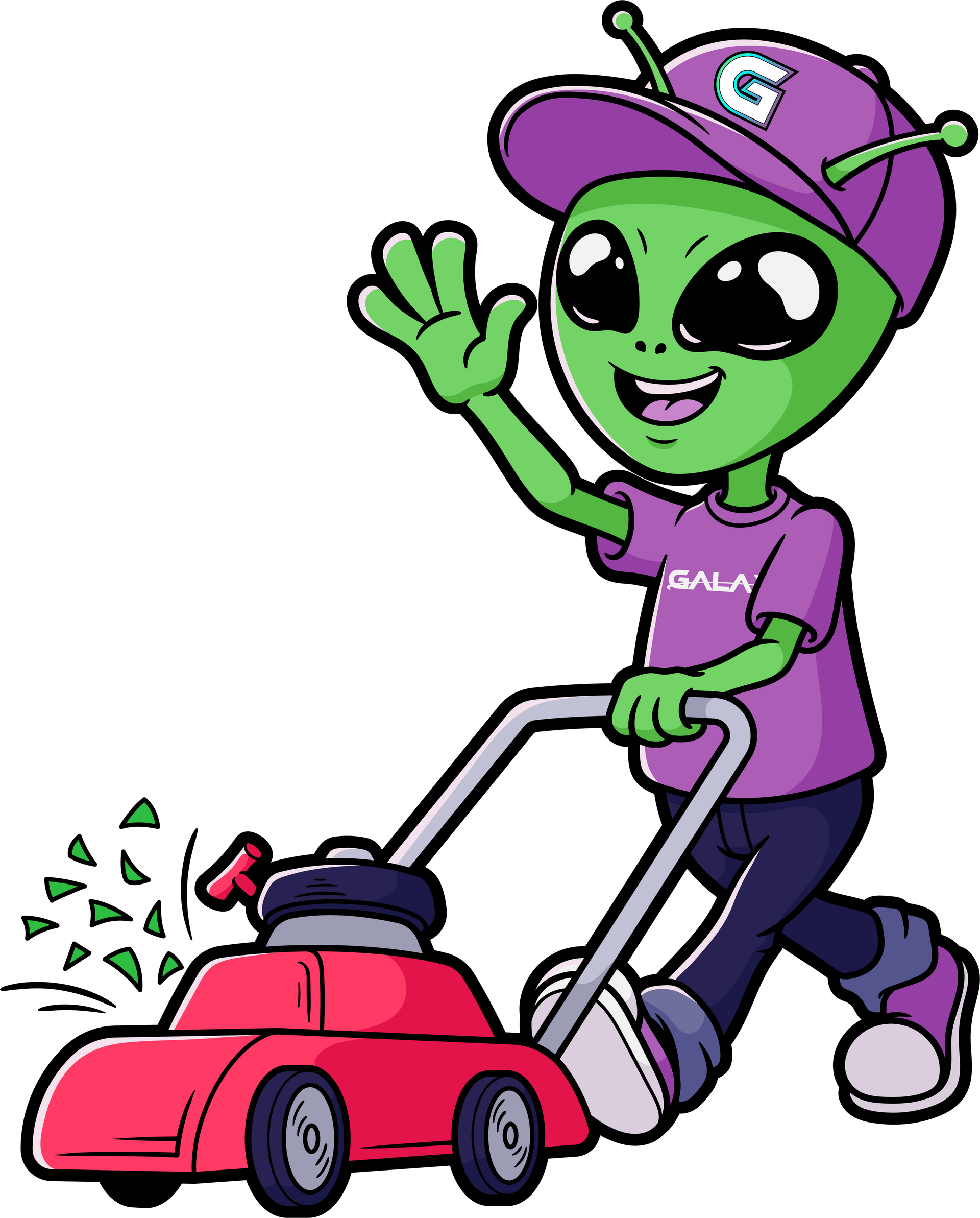Green alien in purple hat and shirt mowing a lawn with a red mower.
