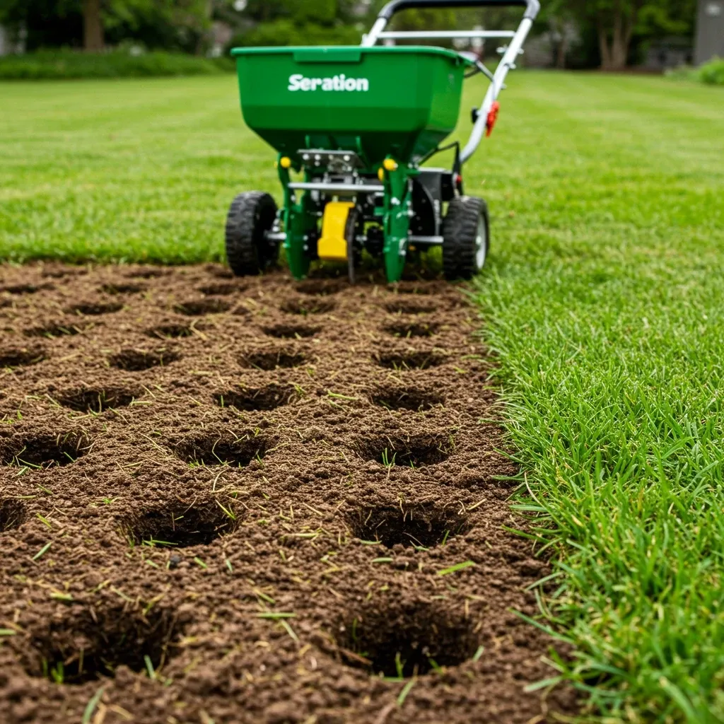 Lawn aerator depositing material into holes in a green lawn. The machine is green with black wheels.