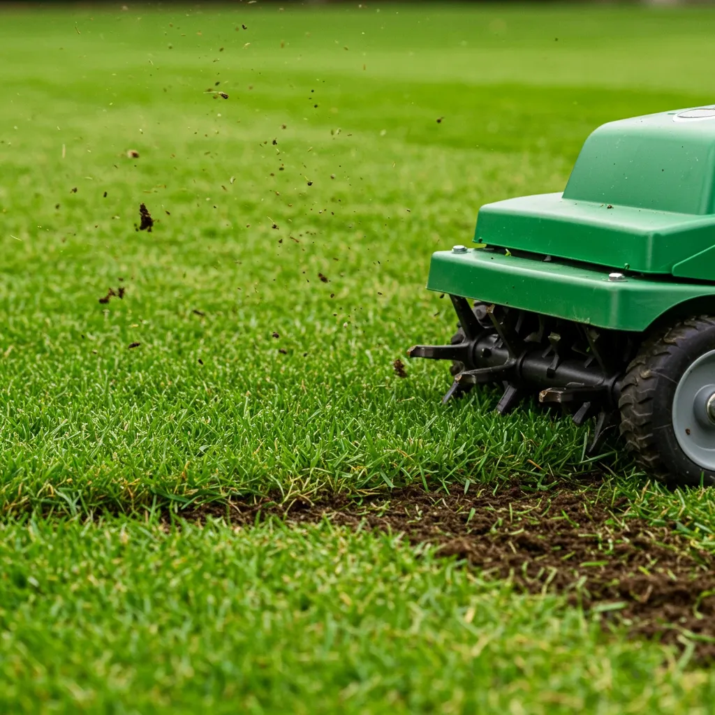 Green lawn aerator machine on green grass, pulling soil plugs.