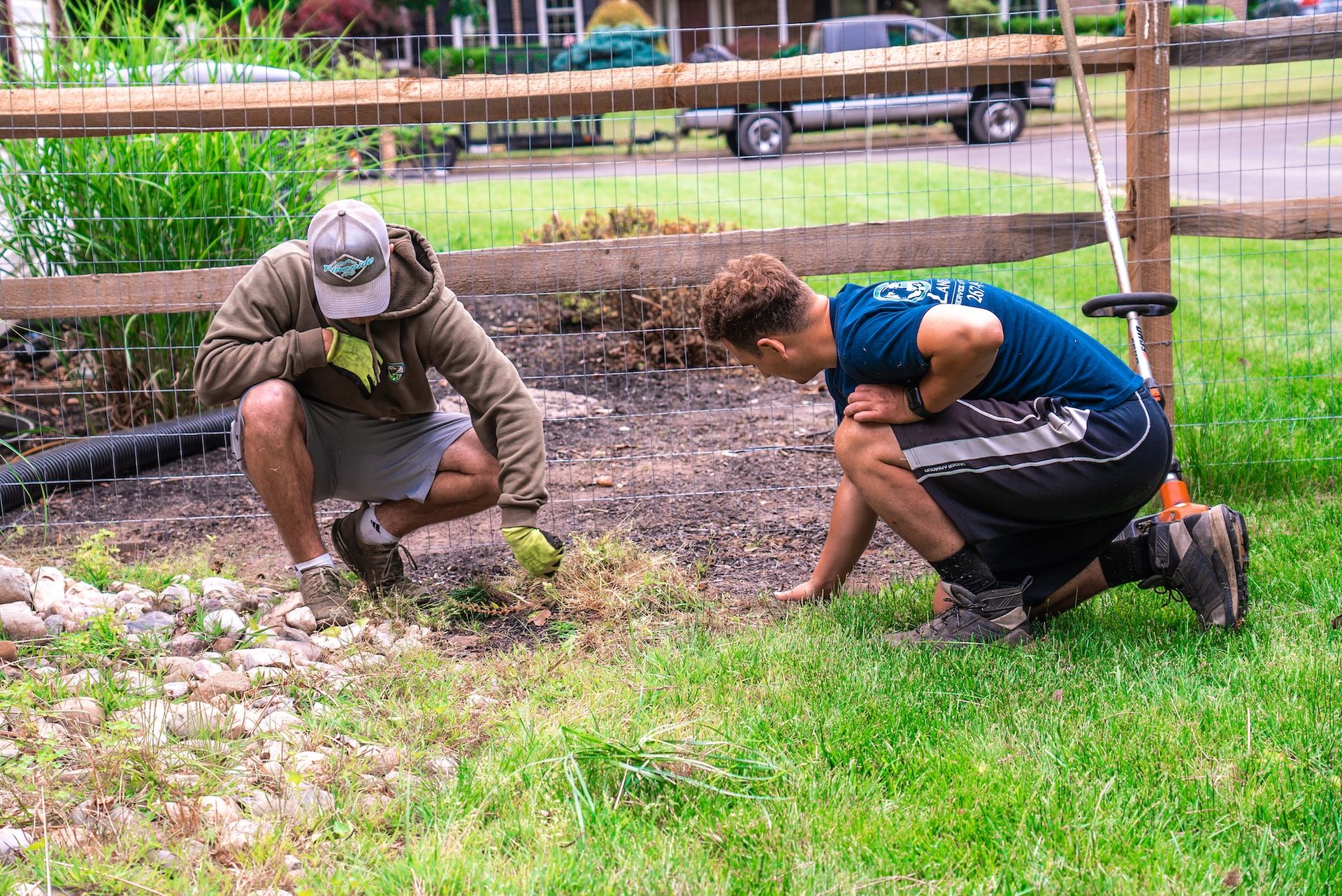 Two people gardening near a fence, one squatting, other kneeling, both looking at ground.