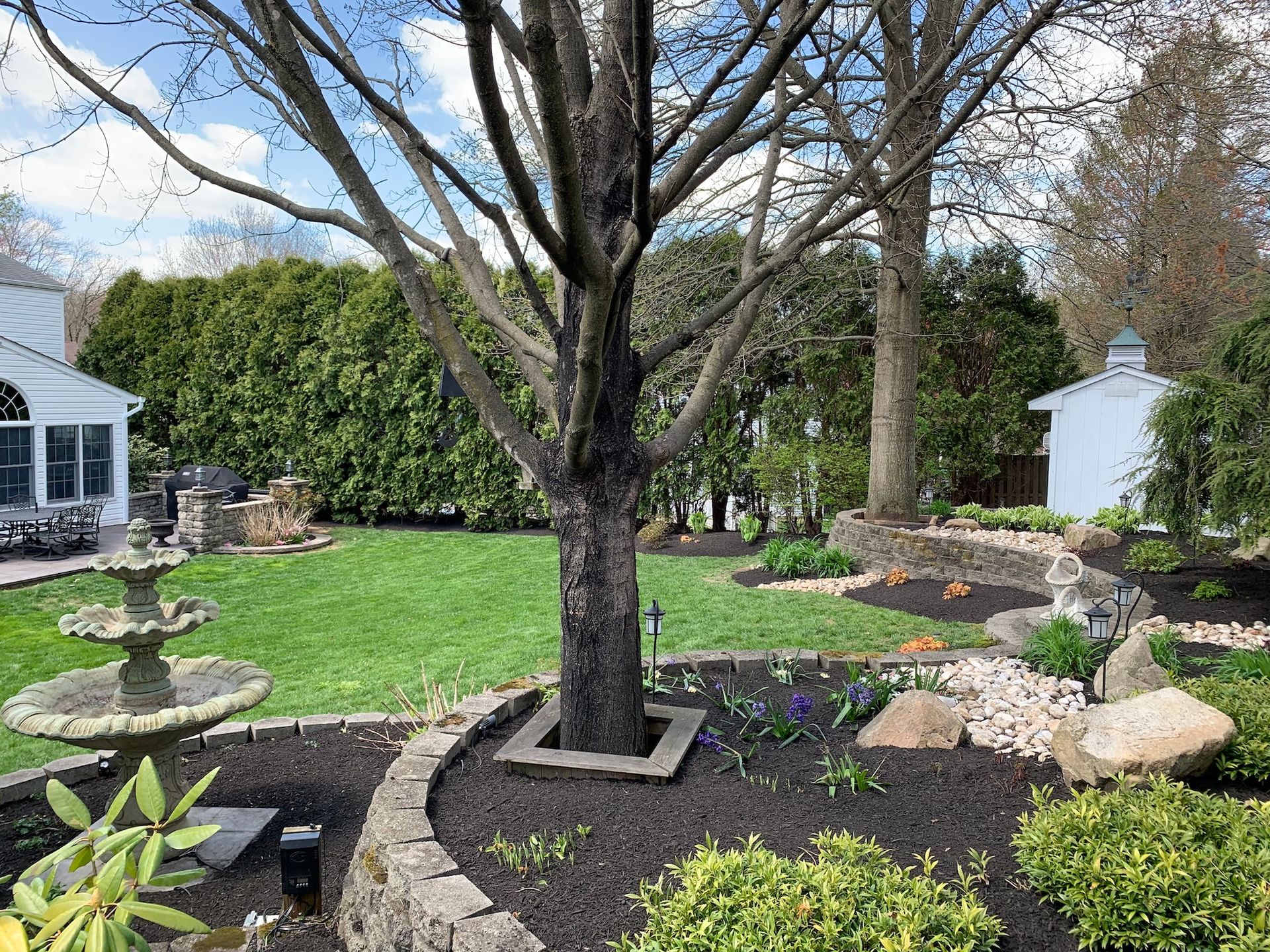 Lush backyard with a fountain, tree, lawn, and tiered flower beds. A white shed sits in the distance.