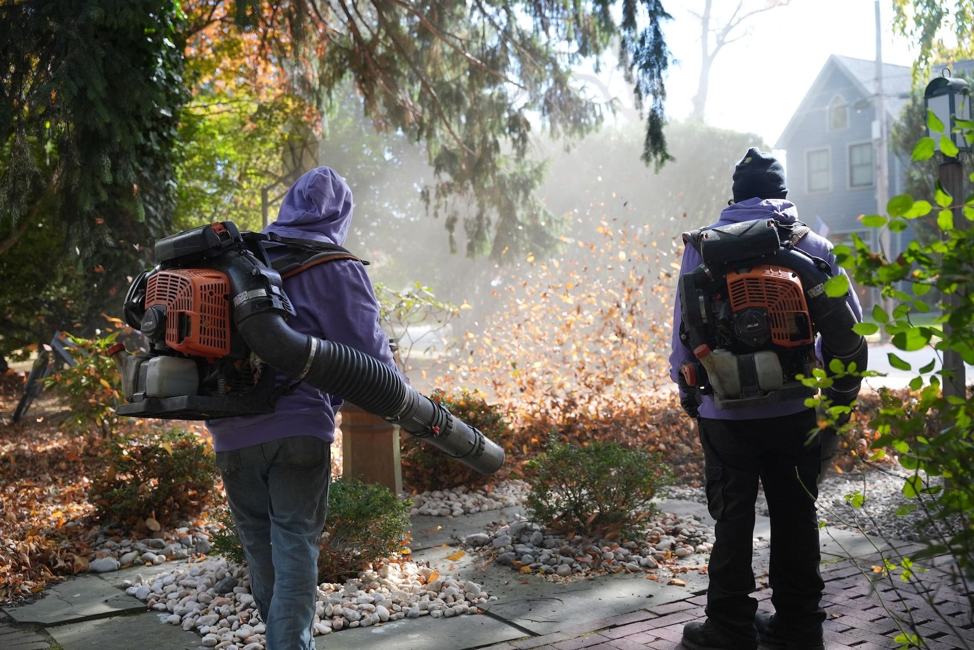 Two people using leaf blowers, blowing leaves in a yard with a house in the background.