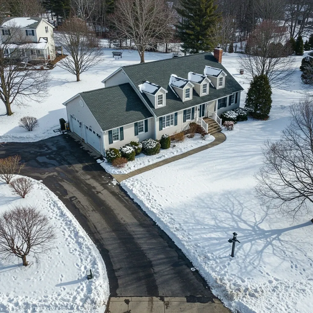 House covered in snow with long driveway, three dormers, and two-car garage, surrounded by trees.