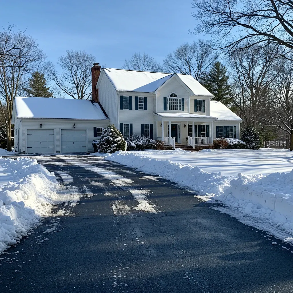 White house with snow-covered roof and driveway, two-car garage, and leafless trees on a sunny winter day.