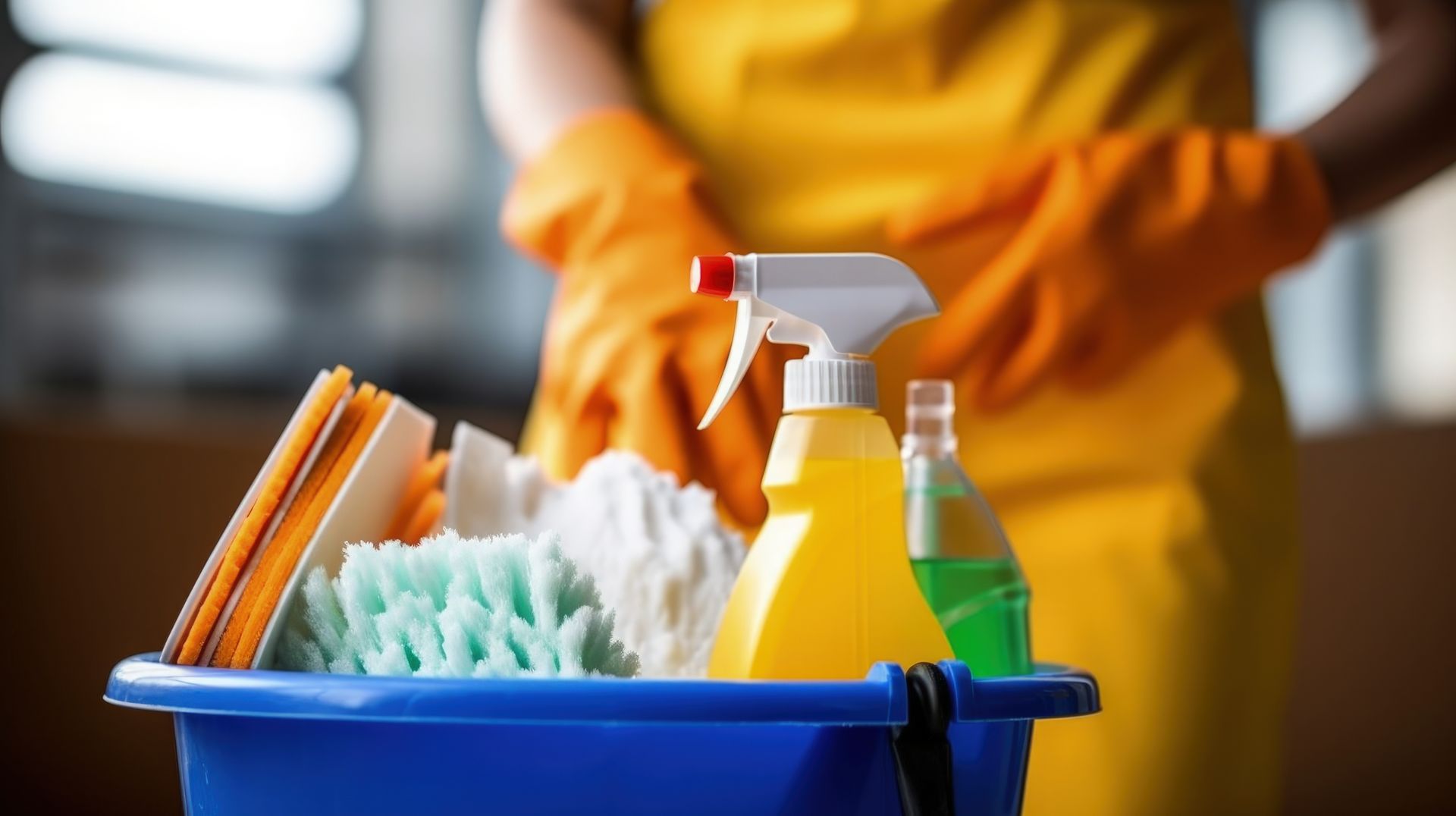 A person wearing orange gloves is holding a blue bucket filled with cleaning supplies.