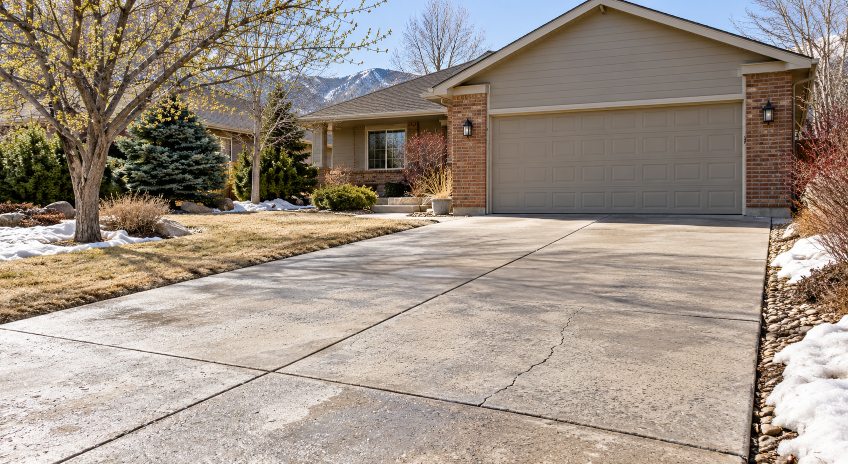Concrete driveway with light surface wear and a narrow crack beside melting spring snow in Denver.