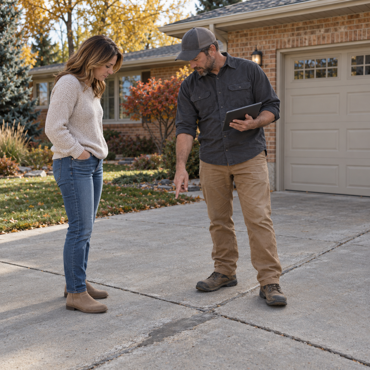 A contractor points out an existing driveway repair while discussing the concrete’s condition with a homeowner.