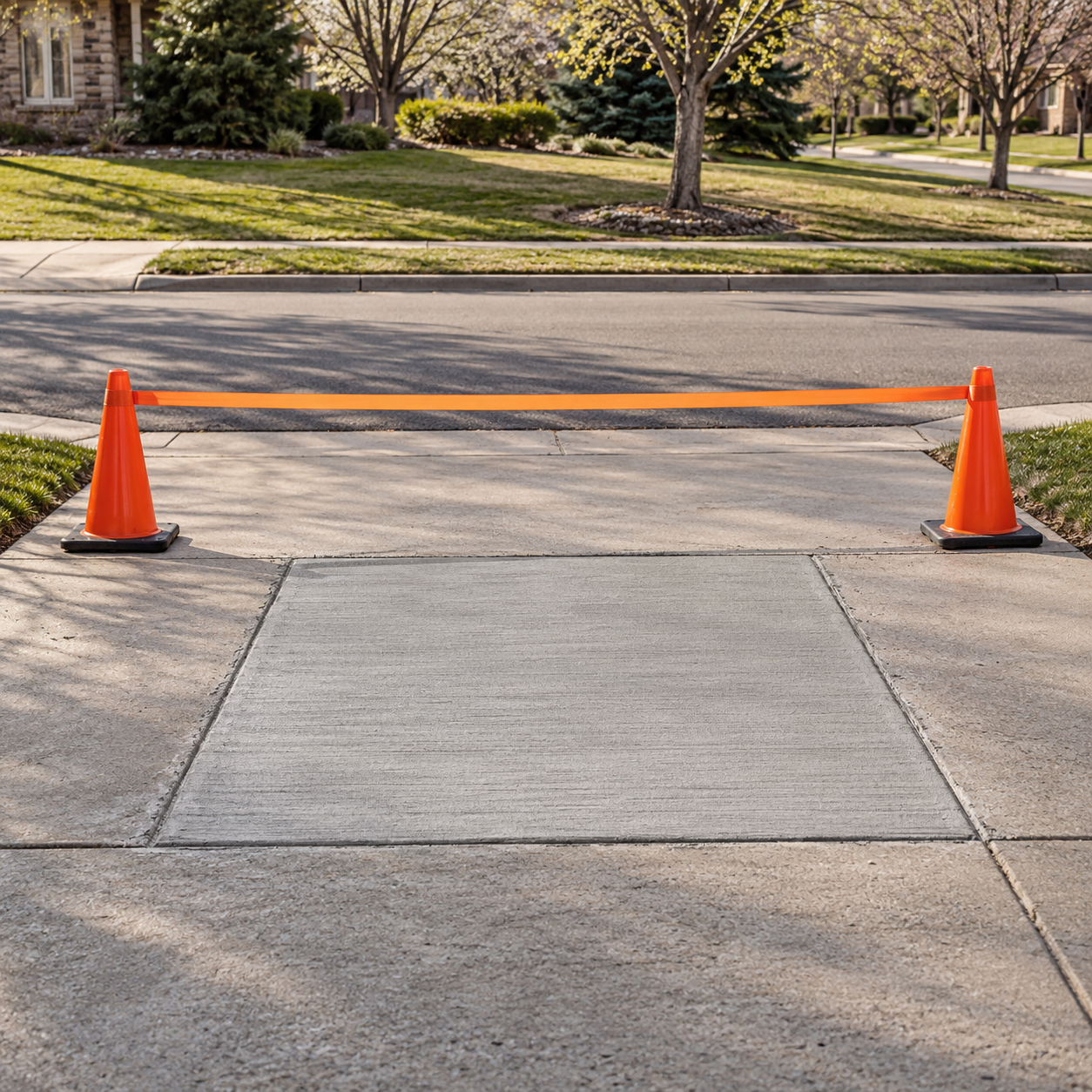 Orange cones and a plain barrier ribbon block vehicle access to a repaired concrete driveway.