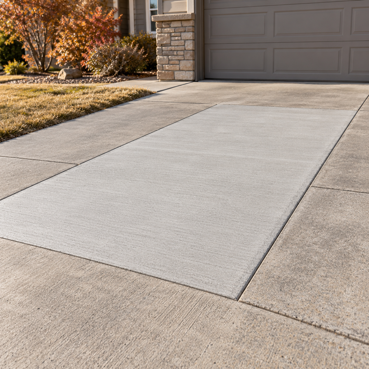 A lighter replacement driveway panel meets retained, weathered concrete along straight, flush joints.