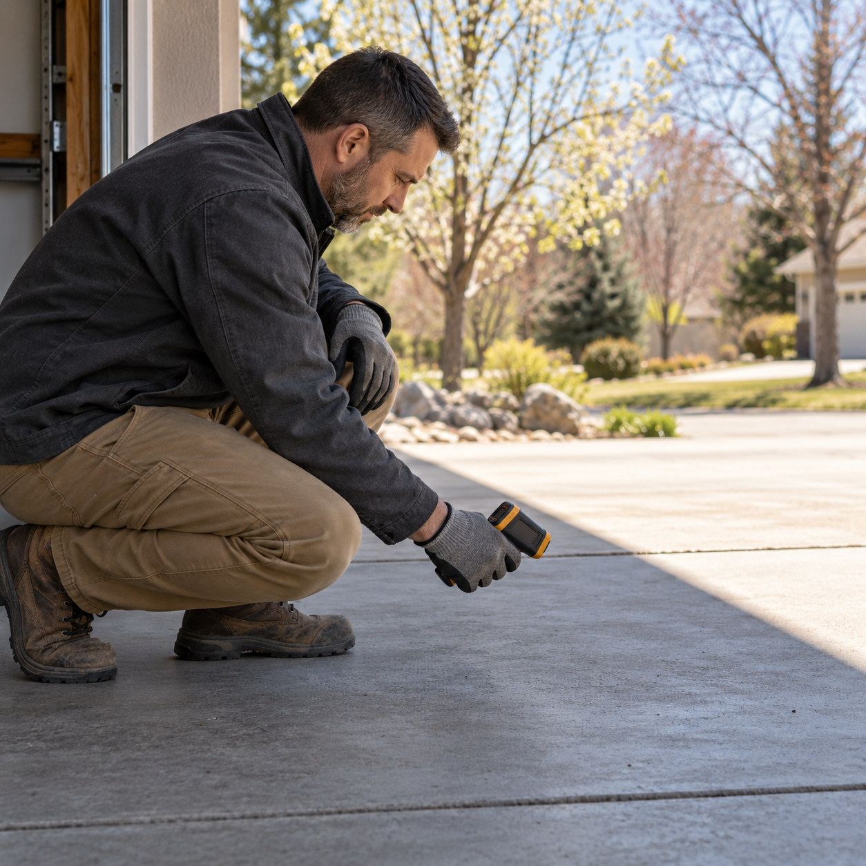 Contractor checks shaded driveway concrete with an infrared thermometer beside a garage.