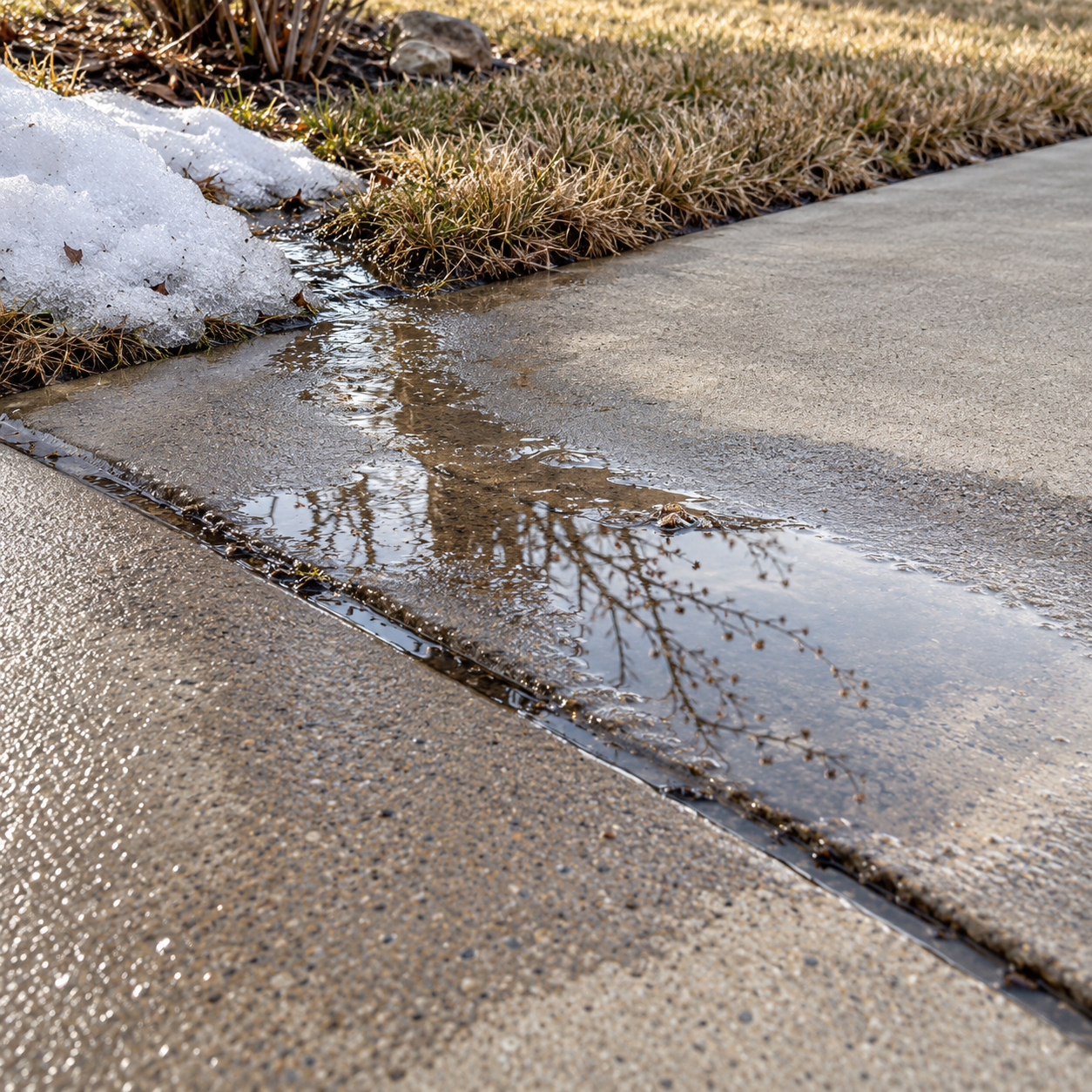 Snowmelt pools along a concrete driveway joint beside dormant grass.