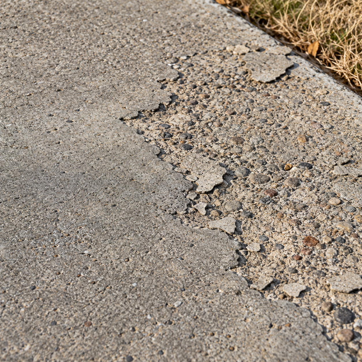 Thin flakes expose aggregate in a scaled driveway patch beside intact, weathered concrete.