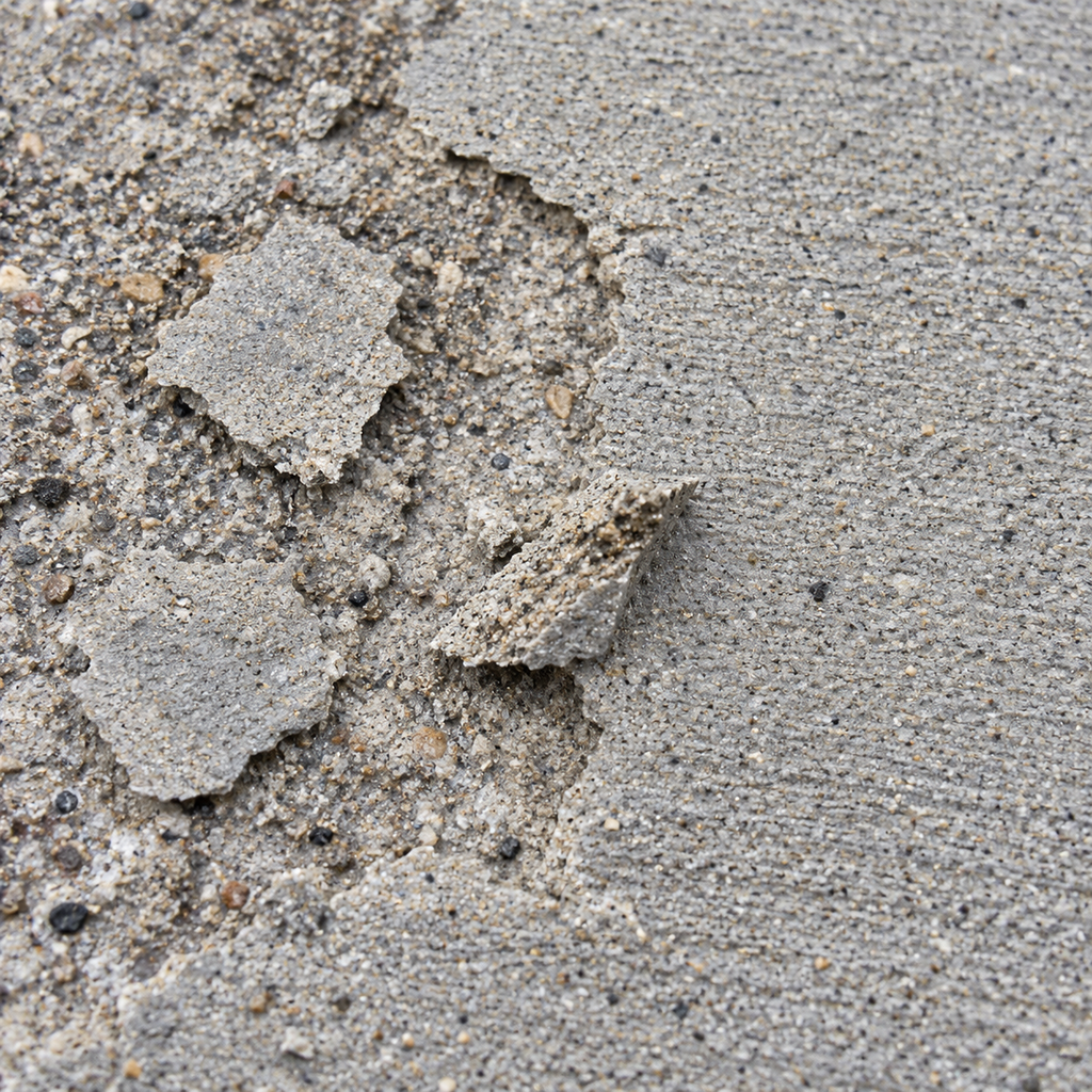 Loose gritty concrete flakes lie beside a rough scaled patch and an intact broom-finished surface.