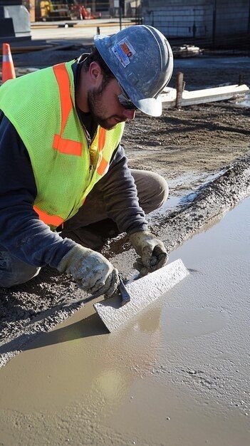 construction worker kneeling beside freshly poured concrete