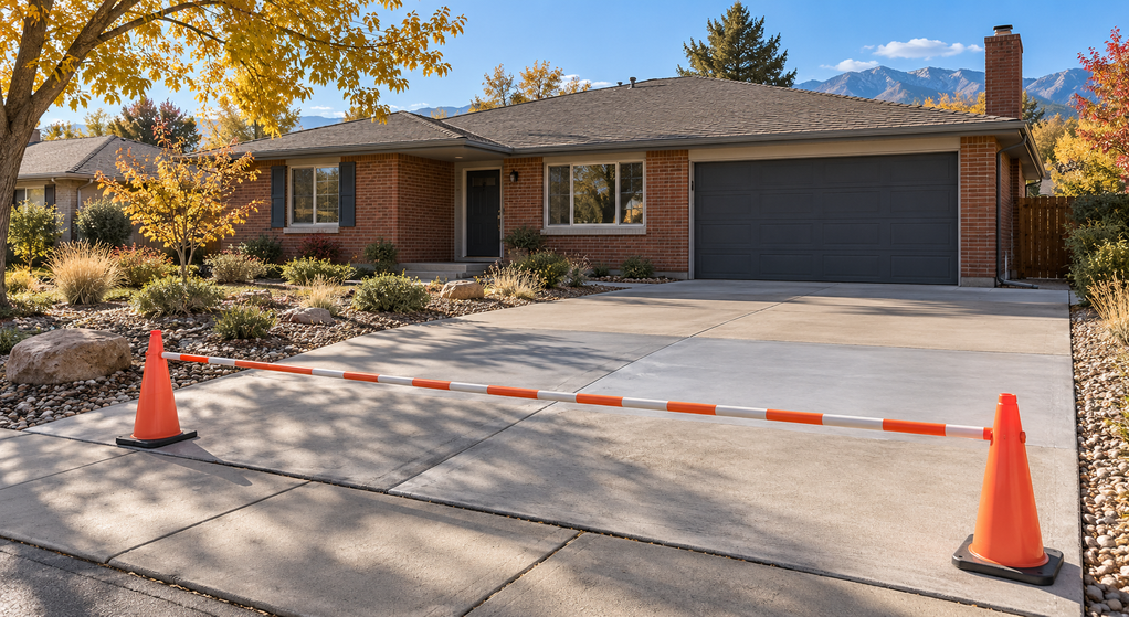 Traffic cones and a barrier protect a repaired concrete driveway outside a Denver brick home.