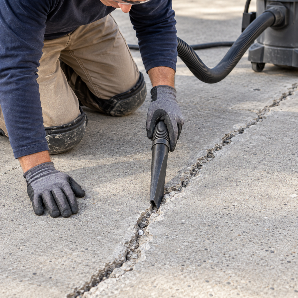 Worker wearing gloves and knee pads vacuums loose debris from a concrete driveway crack before repair.