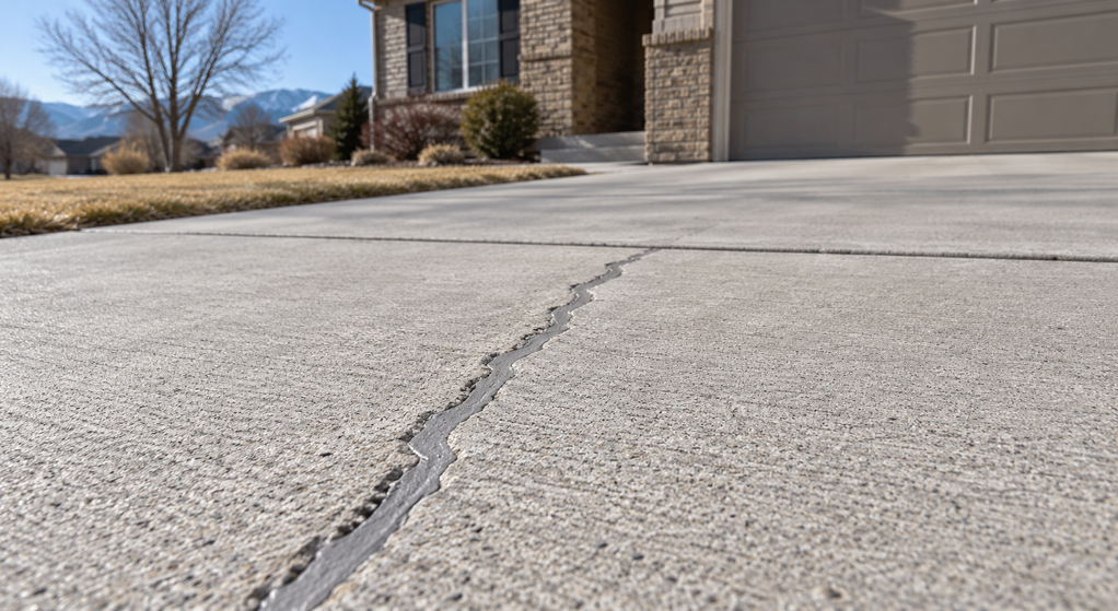 Gray sealant fills an irregular crack in a concrete driveway leading to a residential garage.
