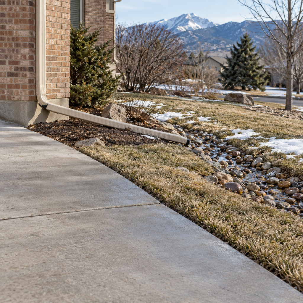 Downspout extension directs runoff into a stone-lined drainage channel away from the concrete driveway.