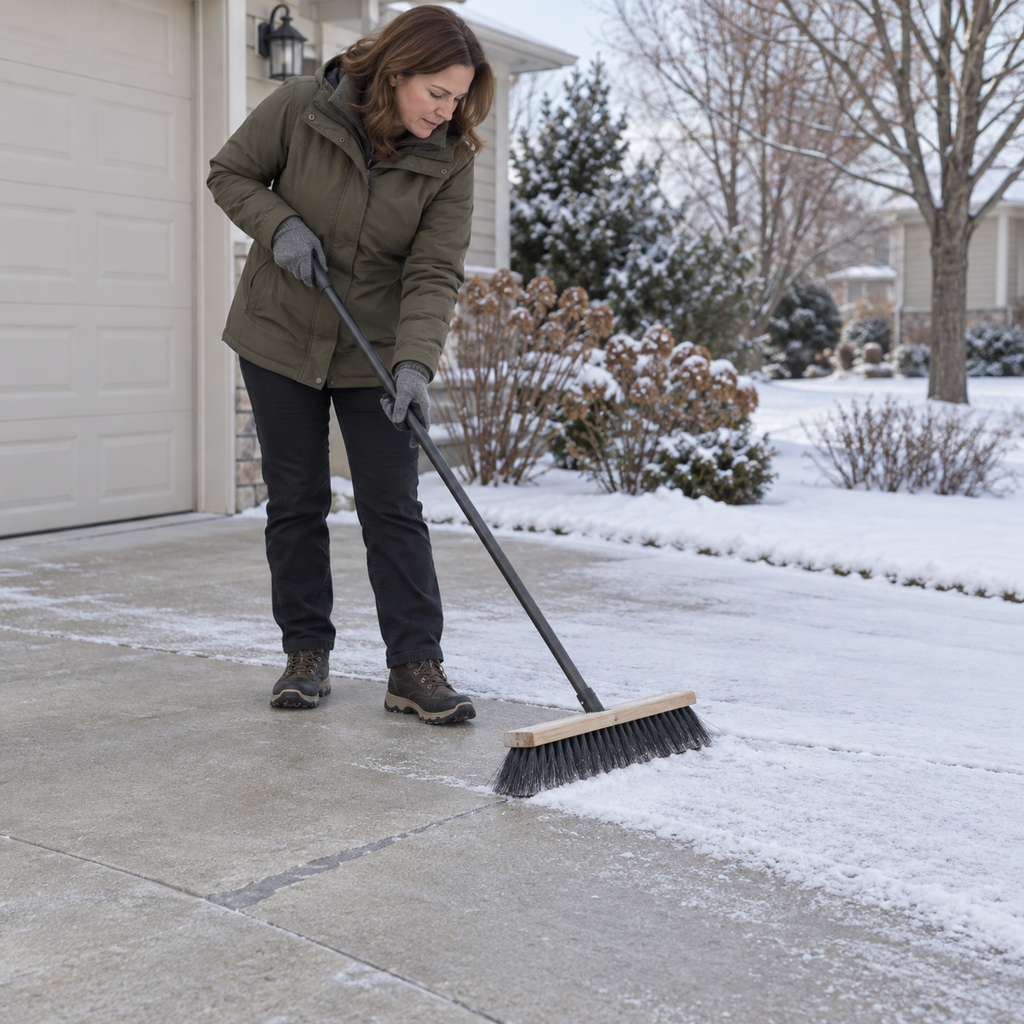 Homeowner uses a push broom to clear light snow from a concrete driveway beside a repaired crack.