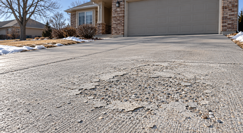 A shallow flaking patch exposes aggregate on a concrete driveway, with snow remaining along the lawn