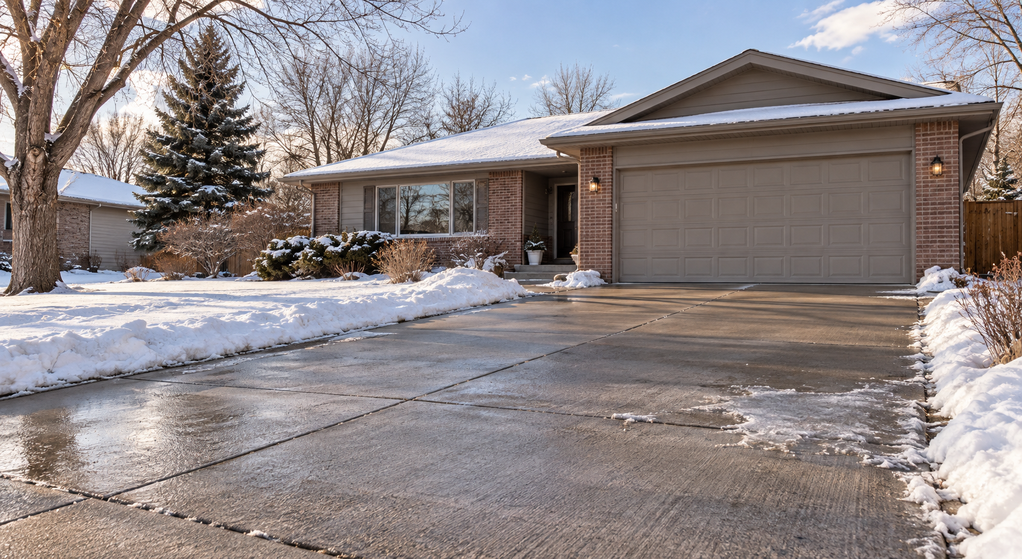 Melting snow and thin ice on a concrete driveway outside a brick home.