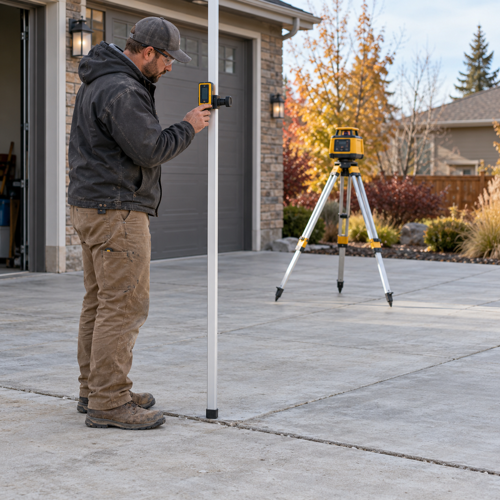 A contractor checks driveway elevations with a grade rod and tripod-mounted laser near a garage.