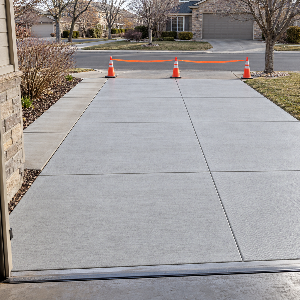Orange cones and a barrier ribbon block vehicle access to a freshly finished concrete driveway.