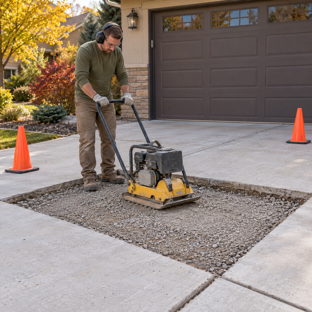 A worker compacts the exposed aggregate base where a concrete driveway panel has been removed.