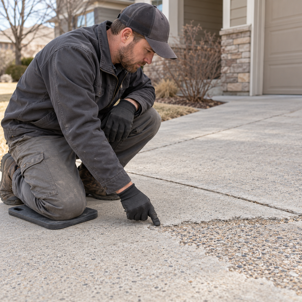 A contractor kneels beside a shallow scaled patch and examines its boundary with intact driveway concrete.