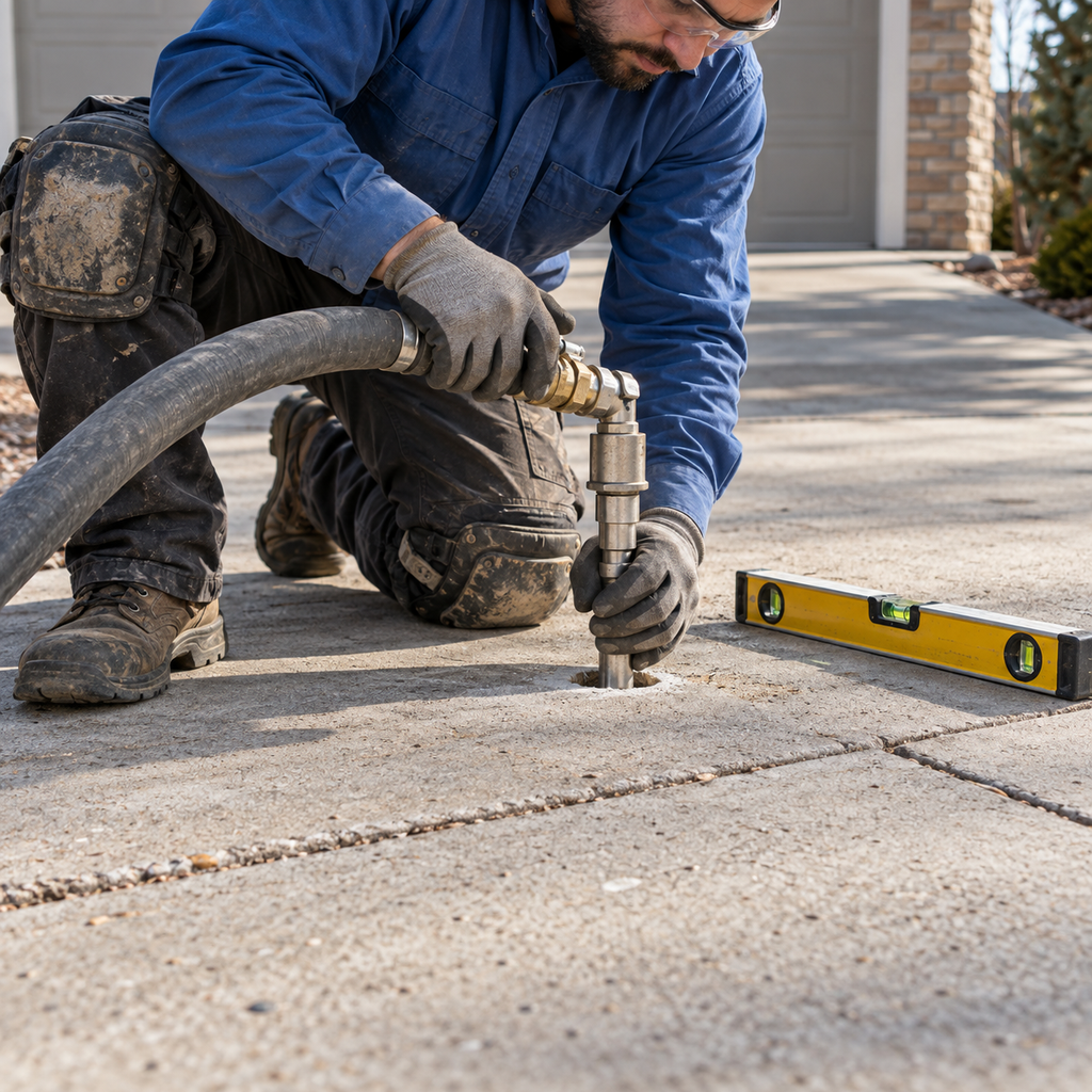 A worker operates a hose-connected injection fitting through a driveway access hole, with a spirit level nearby.