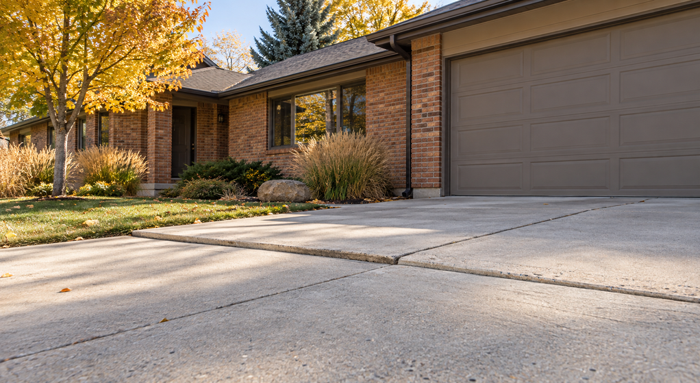 An uneven concrete driveway joint creates a raised edge outside a Denver brick home’s garage.