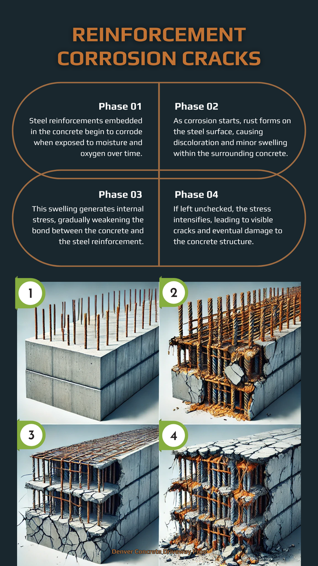 A poster showing the different stages of reinforcement corrosion cracks.