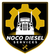 Noco Diesel Services logo with gold gear, white truck, and crossed tools on black shield background