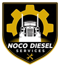 Noco Diesel Services logo with gold gear, white truck, and crossed tools on black shield background
