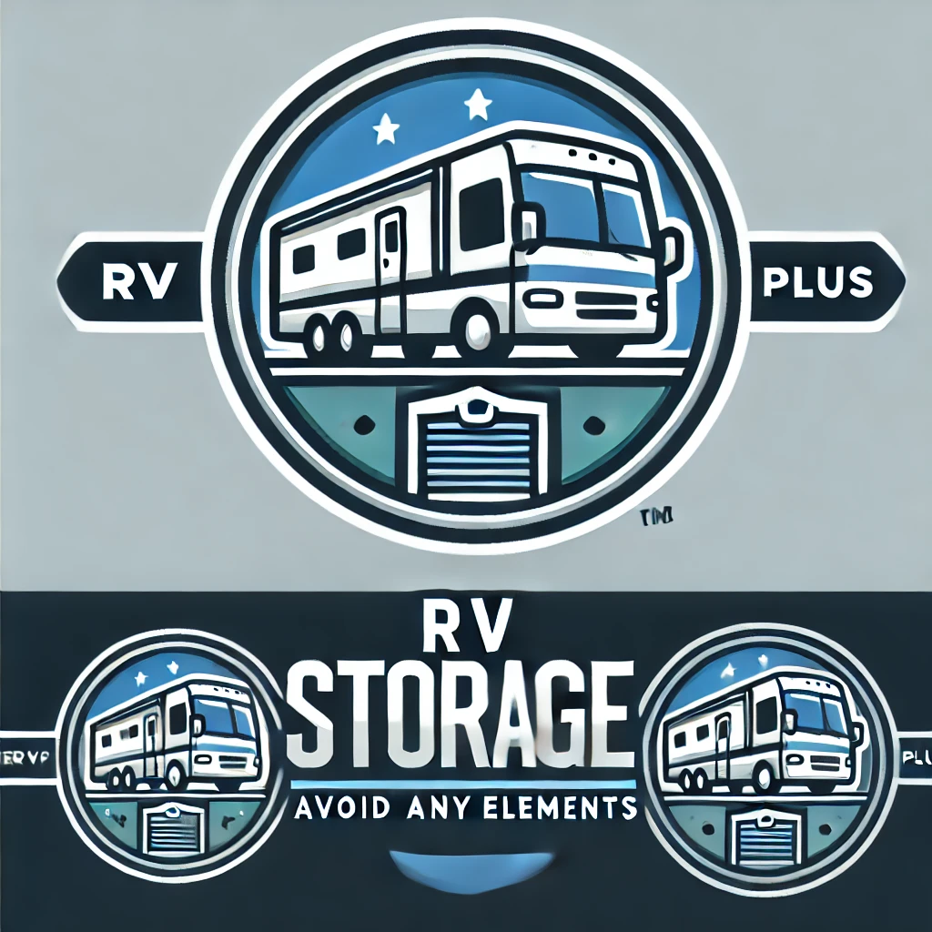 A logo for rv storage with a rv in a garage