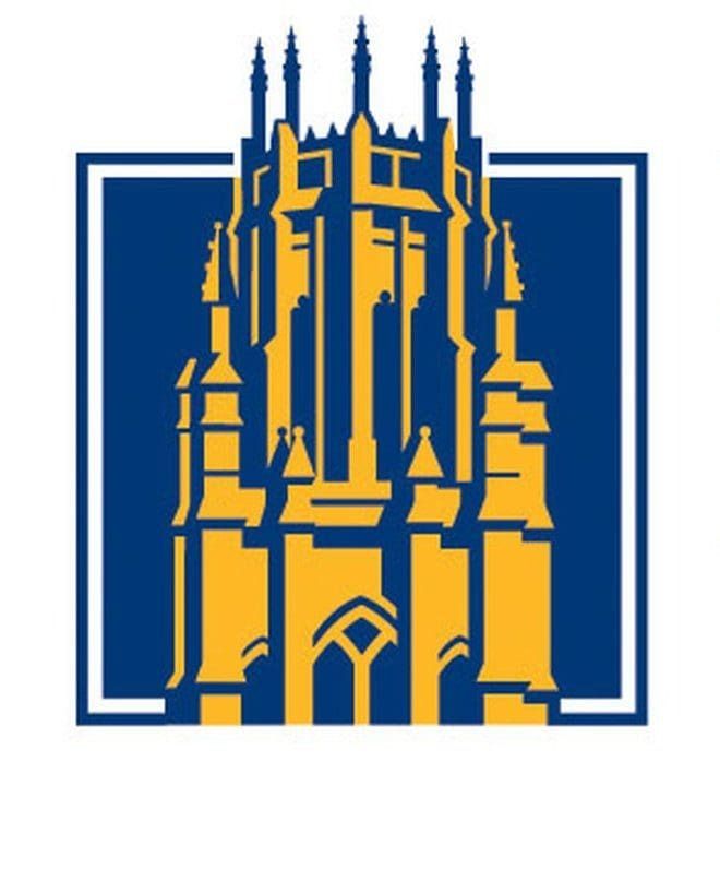 Yellow and blue stylized image of a gothic building within a blue and white square.