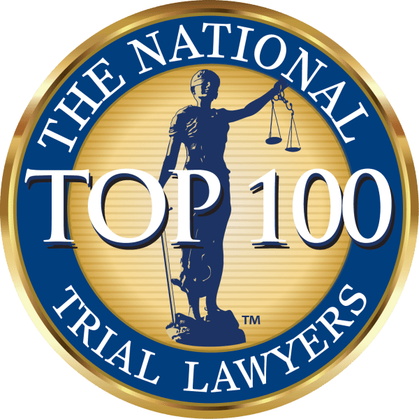 The National Trial Lawyers Top 100 award badge. Features Lady Justice, scales, and text on a gold and blue emblem.