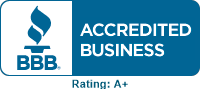 A blue and white logo for an accredited business with a rating of a+.