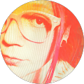 A close up of a woman 's face wearing glasses in a circle.