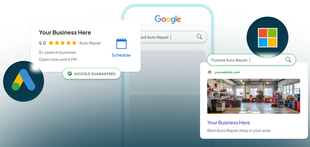 Google search on mobile with Google Ads and Microsoft/Bing logos and a business listing card