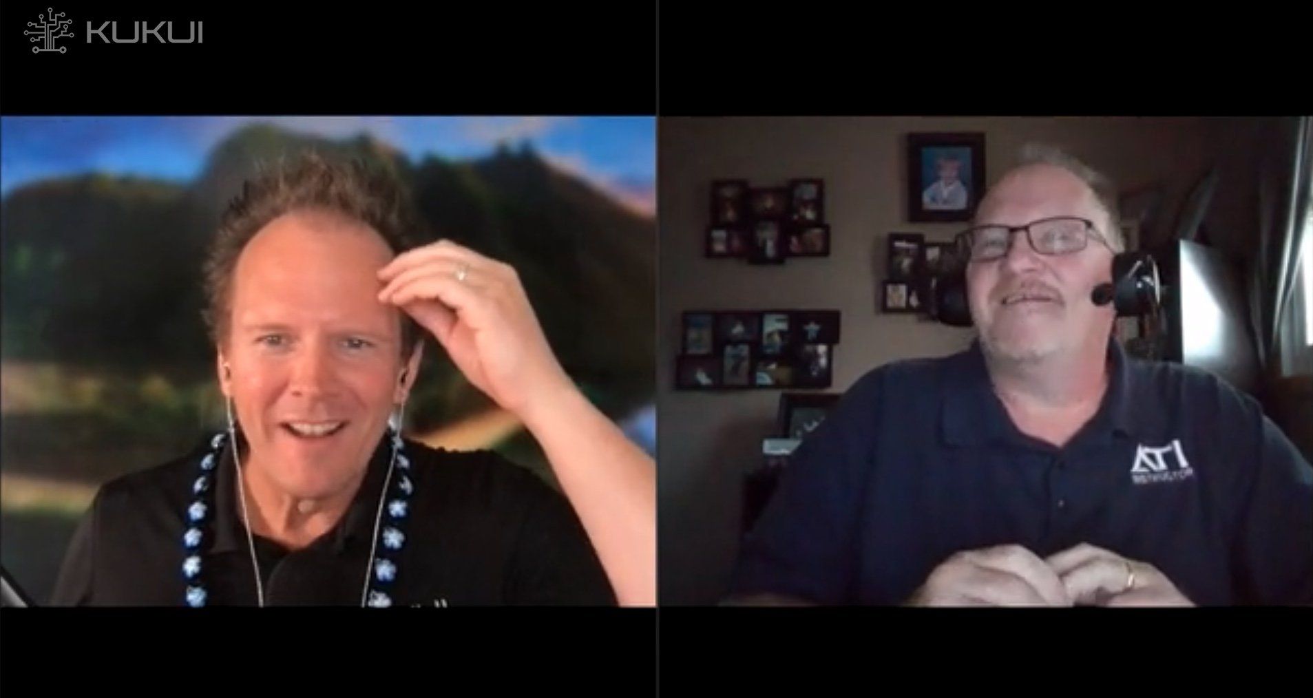 Two men are talking to each other on a video call.