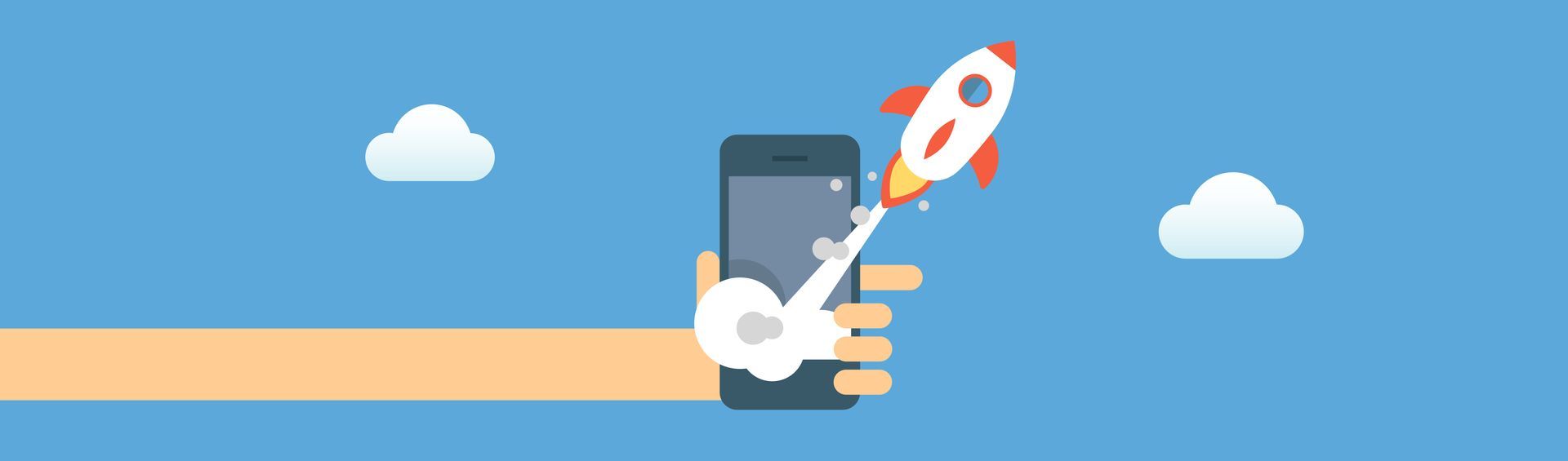 A hand is holding a cell phone with a rocket coming out of it.