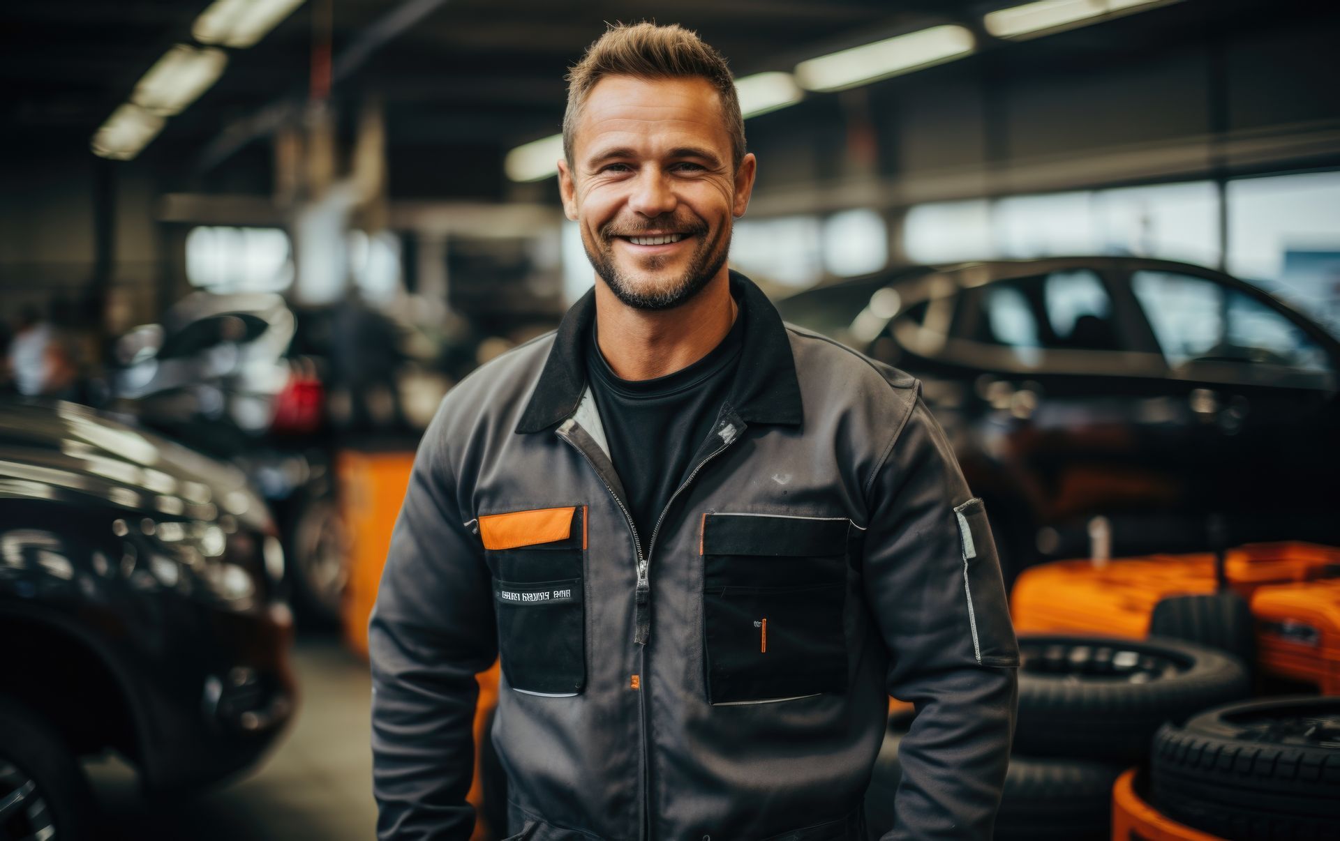 A man in a mechanic 's uniform is smiling in a garage.