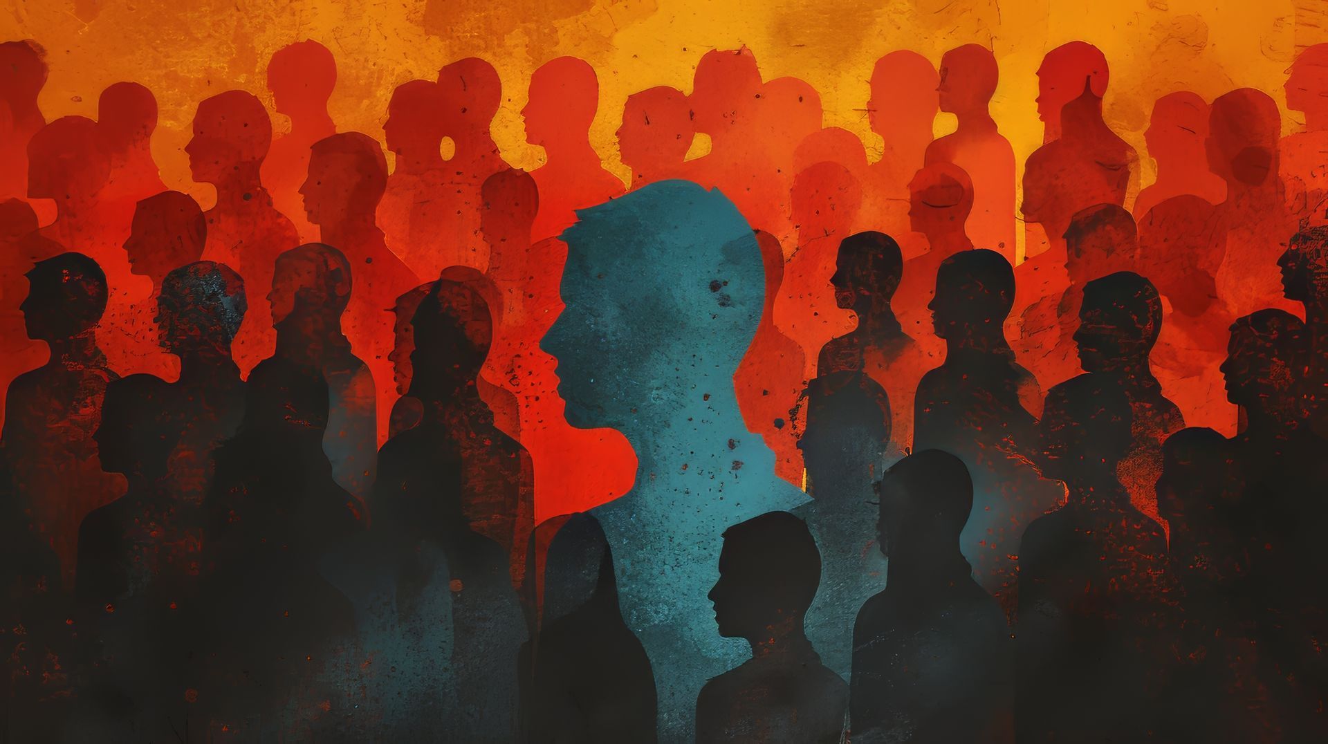 A painting of a crowd of people with a blue head in the middle.