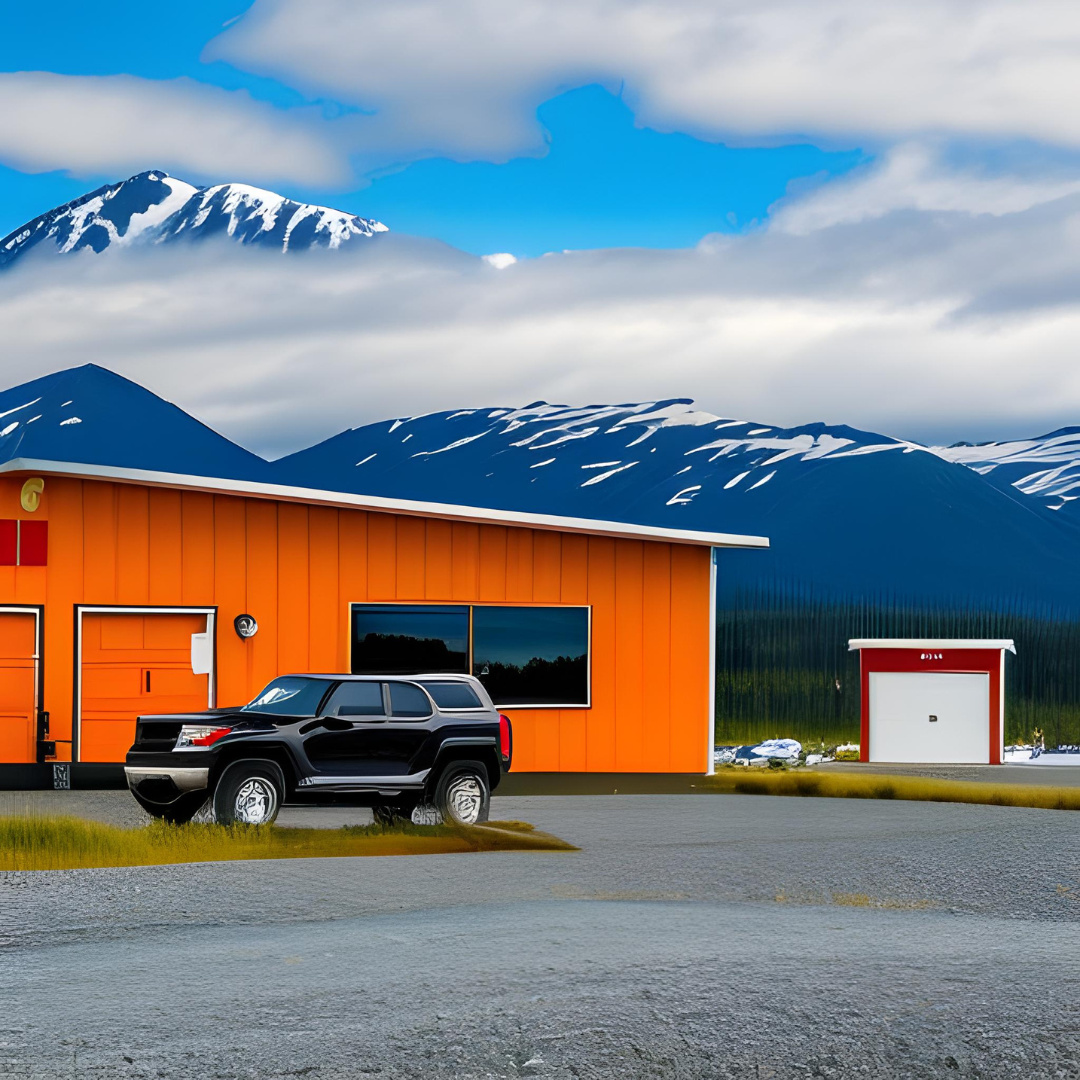 A black suv is parked in front of an orange building with mountains in the background
